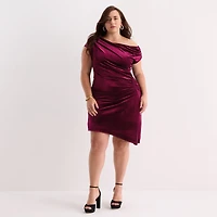Premier Amour Womens Plus One Shoulder Short Sleeve Velvet Fit + Flare Dress