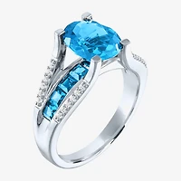 Womens Genuine Blue Topaz Sterling Silver Halo Cocktail Ring