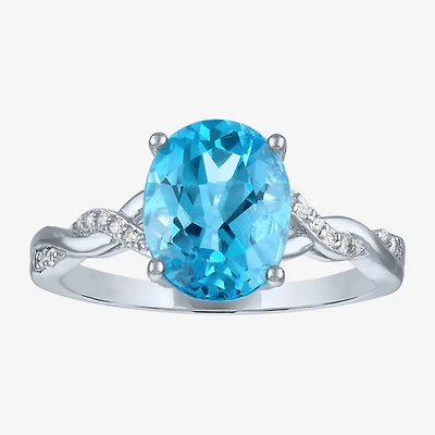Womens Genuine Blue Topaz Sterling Silver Oval Side Stone Cocktail Ring