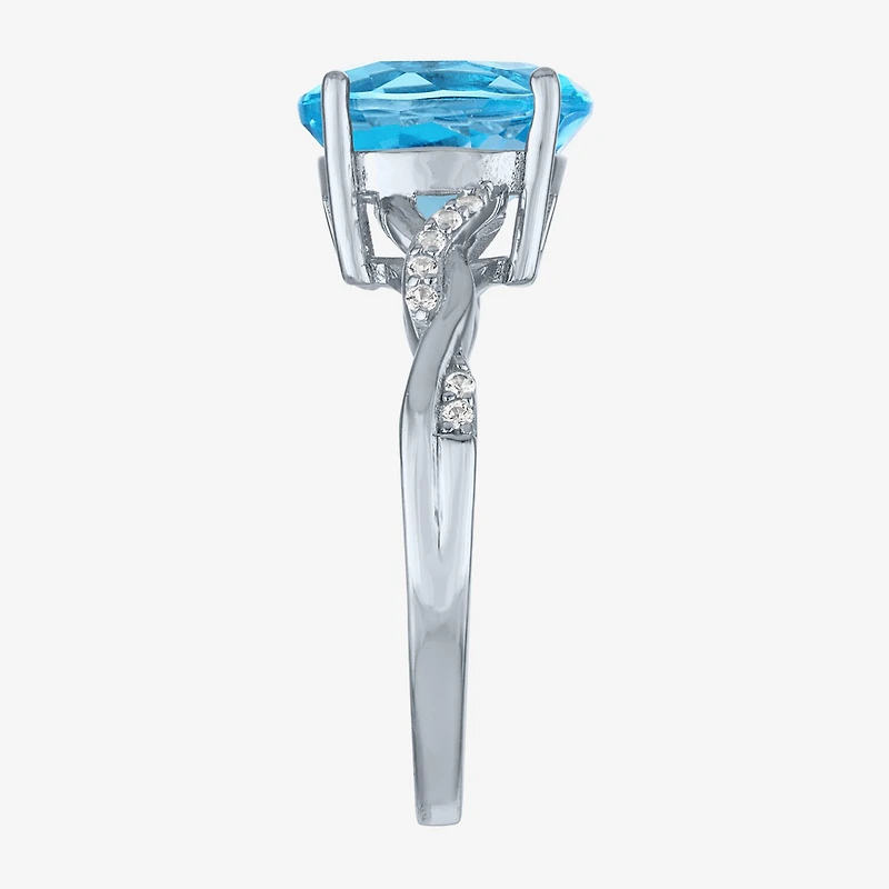 Womens Genuine Blue Topaz Sterling Silver Oval Side Stone Cocktail Ring