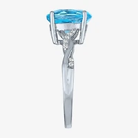 Womens Genuine Blue Topaz Sterling Silver Oval Side Stone Cocktail Ring