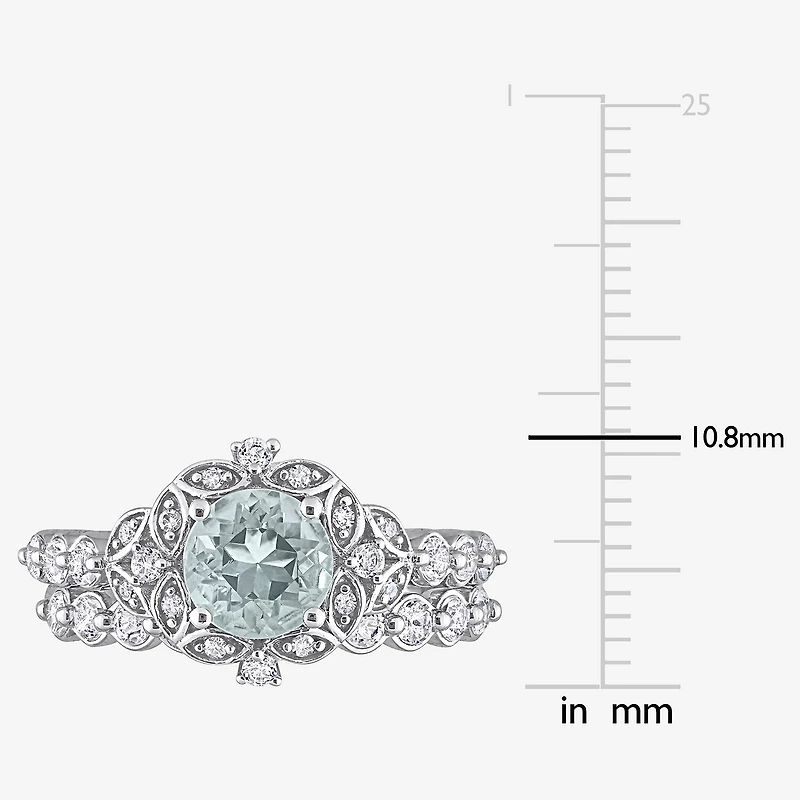 Womens Diamond Accent Genuine Blue Aquamarine 10K Gold Round Side Stone Bridal Set
