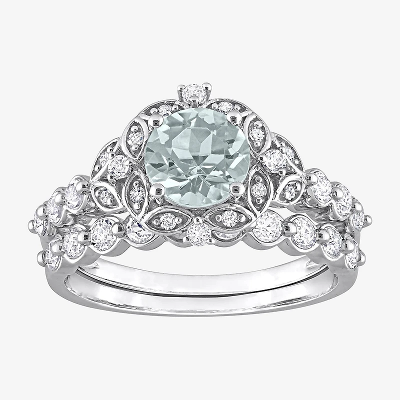 Womens Diamond Accent Genuine Blue Aquamarine 10K Gold Round Side Stone Bridal Set