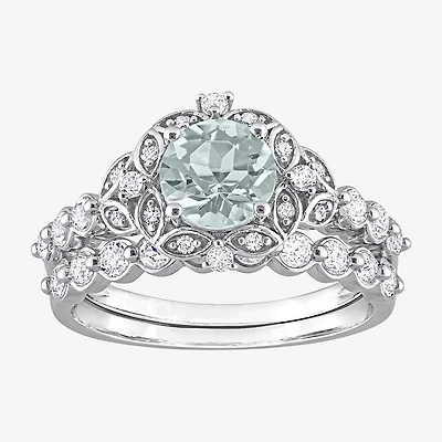 Womens Diamond Accent Genuine Blue Aquamarine 10K Gold Round Side Stone Bridal Set
