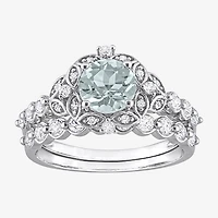 Womens Diamond Accent Genuine Blue Aquamarine 10K Gold Round Side Stone Bridal Set