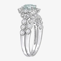 Womens Diamond Accent Genuine Blue Aquamarine 10K Gold Round Side Stone Bridal Set