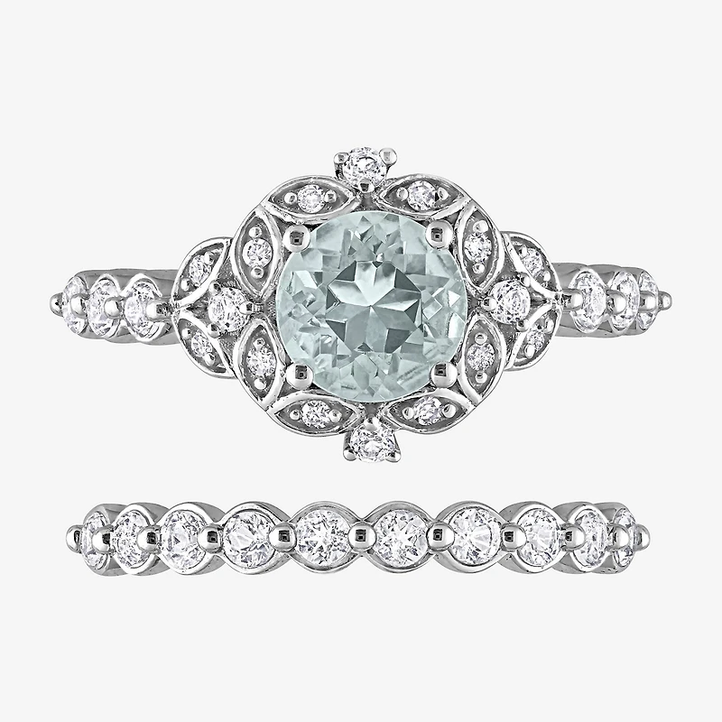 Womens Diamond Accent Genuine Blue Aquamarine 10K Gold Round Side Stone Bridal Set