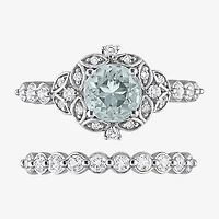 Womens Diamond Accent Genuine Blue Aquamarine 10K Gold Round Side Stone Bridal Set