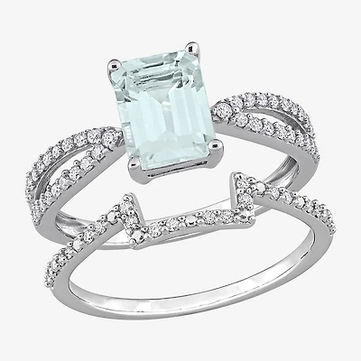 Womens 1/3 CT. T.W. Genuine Blue Aquamarine 14K Gold Side Stone Bridal Set