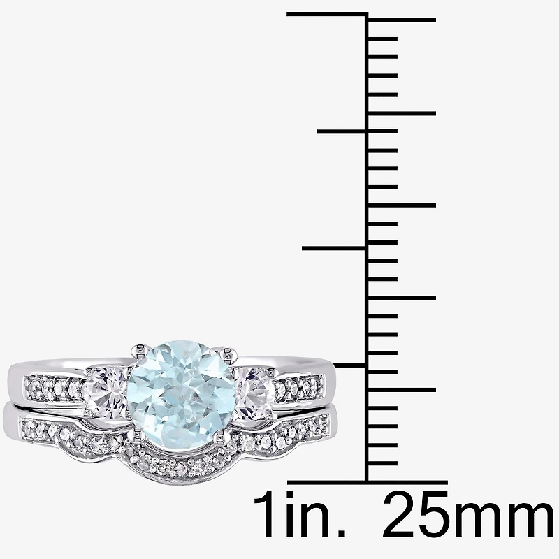 Womens 1/7 CT. T.W. Genuine Blue Aquamarine 10K Gold Round Side Stone 3-Stone Bridal Set