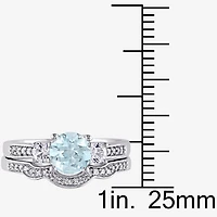 Womens 1/7 CT. T.W. Genuine Blue Aquamarine 10K Gold Round Side Stone 3-Stone Bridal Set