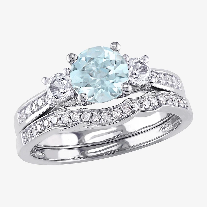 Womens 1/7 CT. T.W. Genuine Blue Aquamarine 10K Gold Round Side Stone 3-Stone Bridal Set
