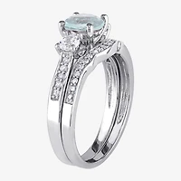 Womens 1/7 CT. T.W. Genuine Blue Aquamarine 10K Gold Round Side Stone 3-Stone Bridal Set