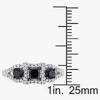 Midnight Black Womens 1 CT. T.W. Natural Diamond 10K Gold 3-Stone Halo Engagement Ring