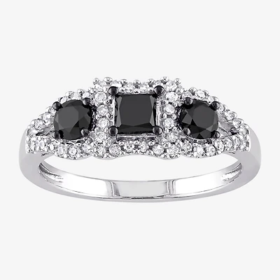 Midnight Black Womens 1 CT. T.W. Natural Diamond 10K Gold 3-Stone Halo Engagement Ring