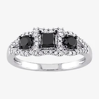 Midnight Black Womens 1 CT. T.W. Natural Diamond 10K Gold 3-Stone Halo Engagement Ring