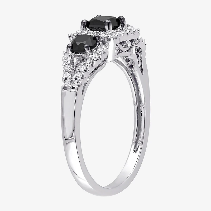 Midnight Black Womens 1 CT. T.W. Natural Diamond 10K Gold 3-Stone Halo Engagement Ring
