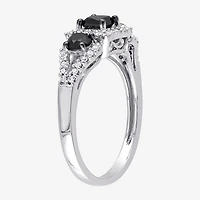 Midnight Black Womens 1 CT. T.W. Natural Diamond 10K Gold 3-Stone Halo Engagement Ring