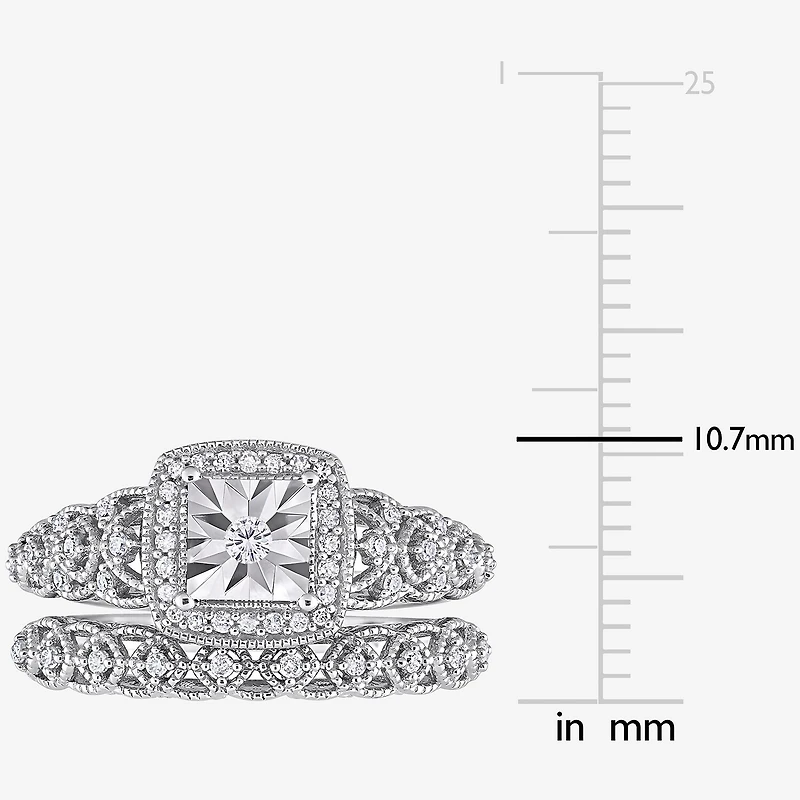 Womens 1/3 CT. T.W. Natural White Diamond Sterling Silver Cushion Halo Bridal Set