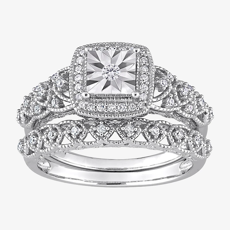 Womens 1/3 CT. T.W. Natural White Diamond Sterling Silver Cushion Halo Bridal Set