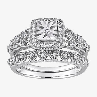 Womens 1/3 CT. T.W. Natural White Diamond Sterling Silver Cushion Halo Bridal Set