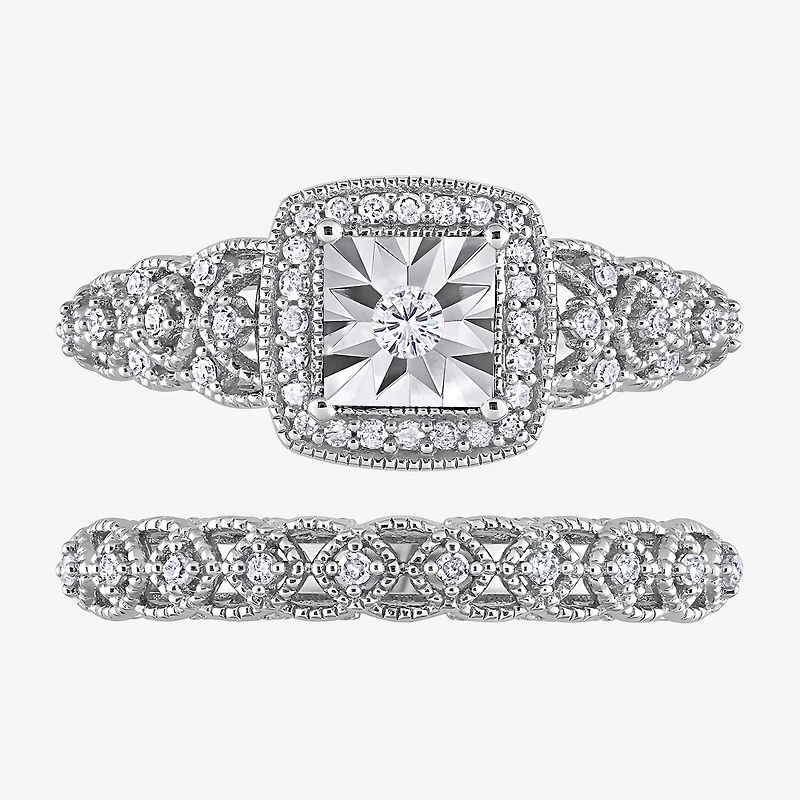 Womens 1/3 CT. T.W. Natural White Diamond Sterling Silver Cushion Halo Bridal Set