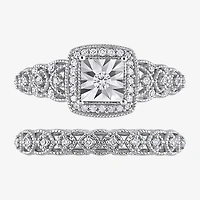 Womens 1/3 CT. T.W. Natural White Diamond Sterling Silver Cushion Halo Bridal Set