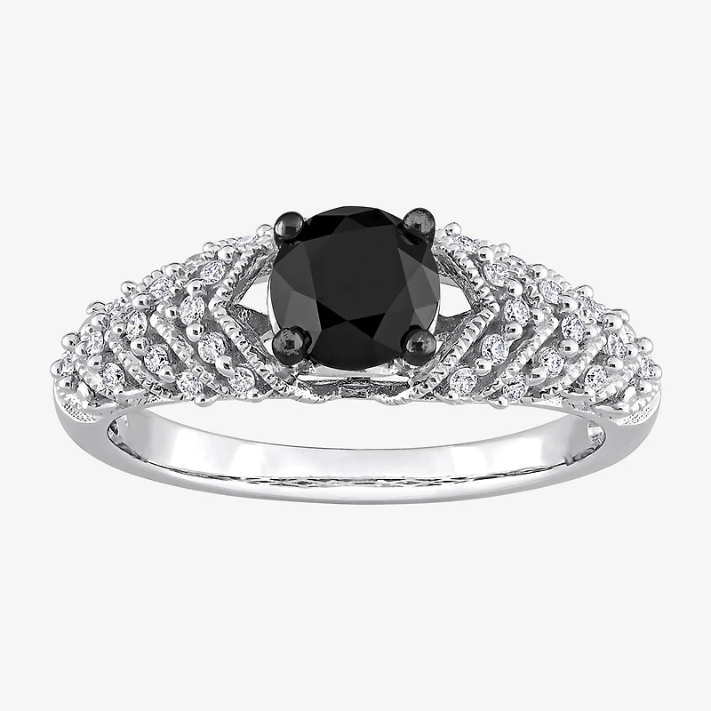 Womens 7/8 CT. T.W. Natural Black Diamond 14K Gold Round Side Stone Engagement Ring