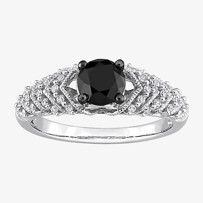 Womens 7/8 CT. T.W. Natural Black Diamond 14K Gold Round Side Stone Engagement Ring