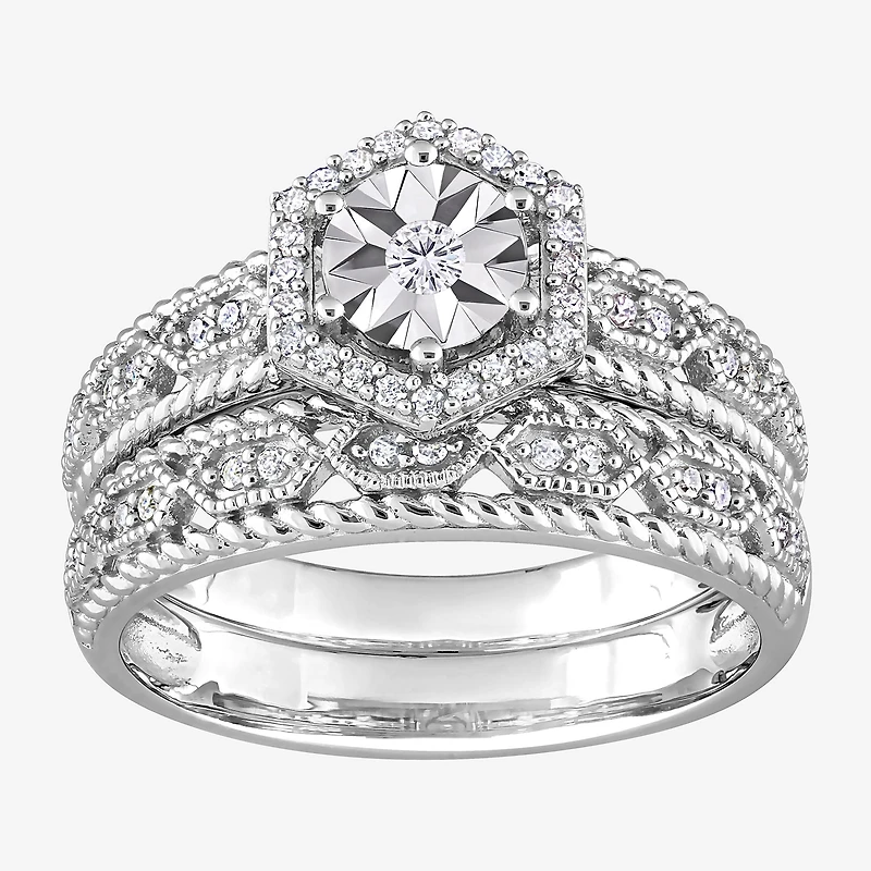 Womens 1/ CT. T.W. Natural White Diamond Sterling Silver Halo Bridal Set