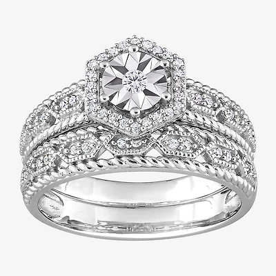 Womens 1/ CT. T.W. Natural White Diamond Sterling Silver Halo Bridal Set