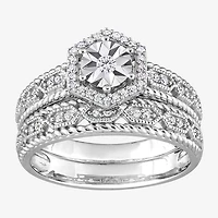 Womens 1/ CT. T.W. Natural White Diamond Sterling Silver Halo Bridal Set