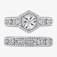 Womens 1/ CT. T.W. Natural White Diamond Sterling Silver Halo Bridal Set