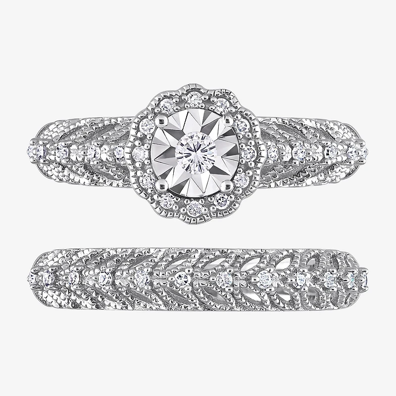 Womens 1/4 CT. T.W. Natural White Diamond Sterling Silver Round Halo Bridal Set