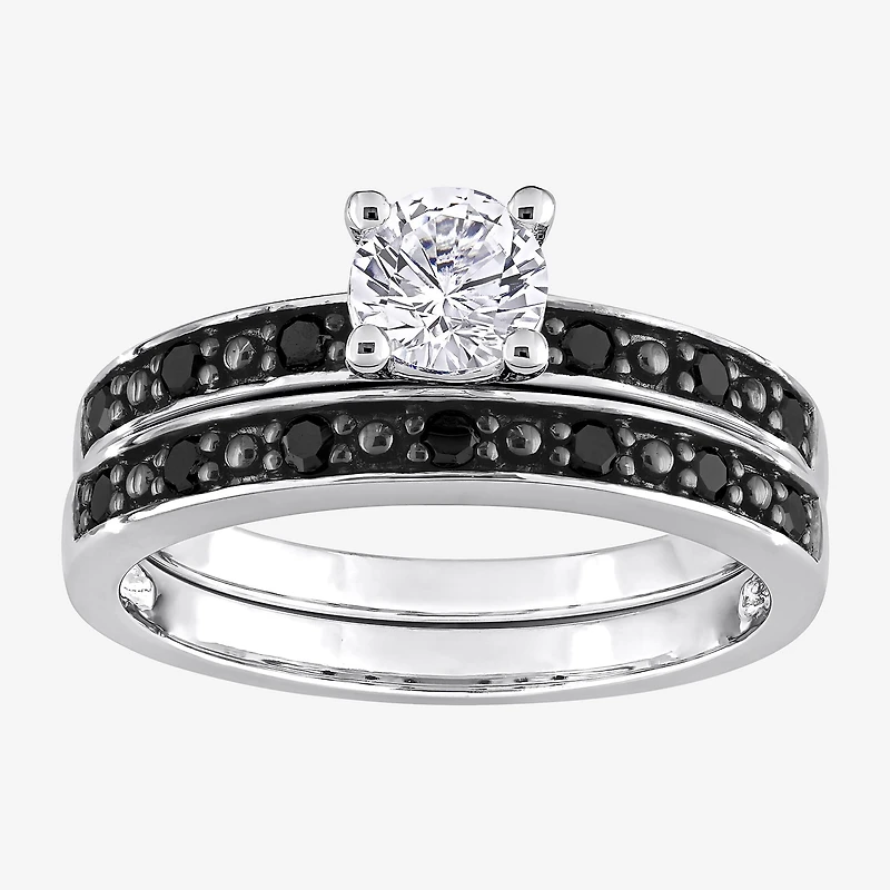 Womens 1/5 CT. Natural Black Diamond Sterling Silver Round Side Stone Bridal Set