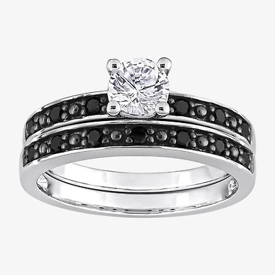 Womens 1/5 CT. Natural Black Diamond Sterling Silver Round Side Stone Bridal Set