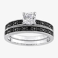 Womens 1/5 CT. Natural Black Diamond Sterling Silver Round Side Stone Bridal Set