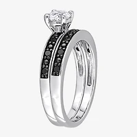 Womens 1/5 CT. Natural Black Diamond Sterling Silver Round Side Stone Bridal Set