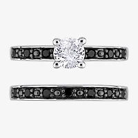 Womens 1/5 CT. Natural Black Diamond Sterling Silver Round Side Stone Bridal Set