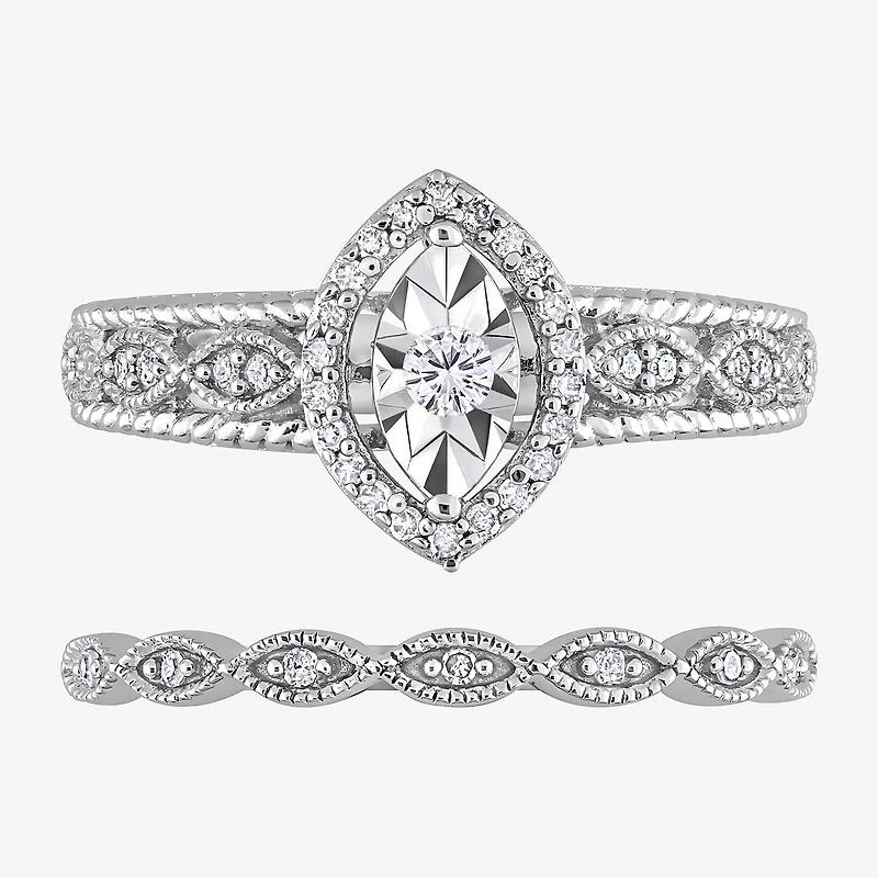 Womens 1/5 CT. Natural White Diamond Sterling Silver Marquise Bridal Set