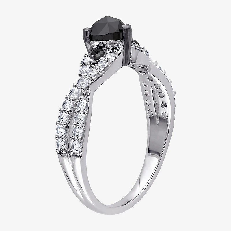Womens 1/2 CT. T.W. Natural Black Diamond Sterling Silver Heart Side Stone Engagement Ring