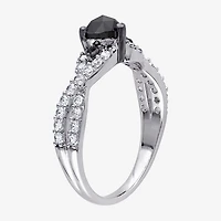 Womens 1/2 CT. T.W. Natural Black Diamond Sterling Silver Heart Side Stone Engagement Ring
