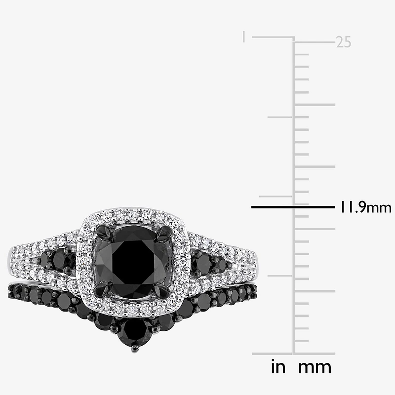 Womens 1 1/2 CT. T.W. Natural Black Diamond 10K Gold Cushion Side Stone Halo Bridal Set