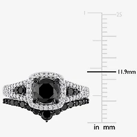 Womens 1 1/2 CT. T.W. Natural Black Diamond 10K Gold Cushion Side Stone Halo Bridal Set