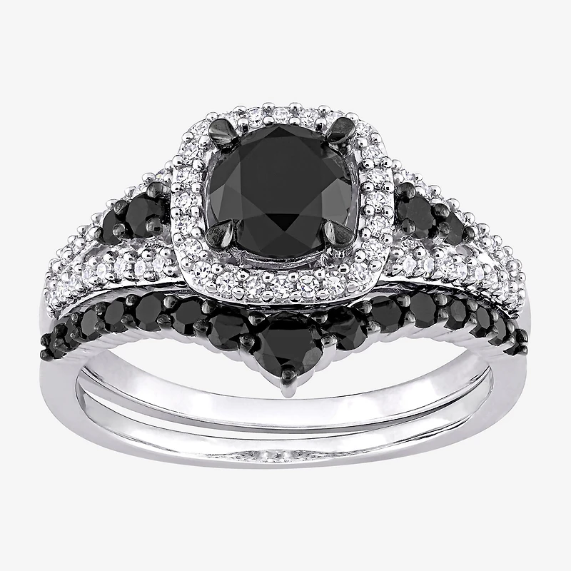 Womens 1 1/2 CT. T.W. Natural Black Diamond 10K Gold Cushion Side Stone Halo Bridal Set