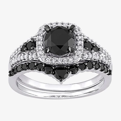 Womens 1 1/2 CT. T.W. Natural Black Diamond 10K Gold Cushion Side Stone Halo Bridal Set