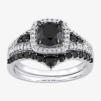 Womens 1 1/2 CT. T.W. Natural Black Diamond 10K Gold Cushion Side Stone Halo Bridal Set