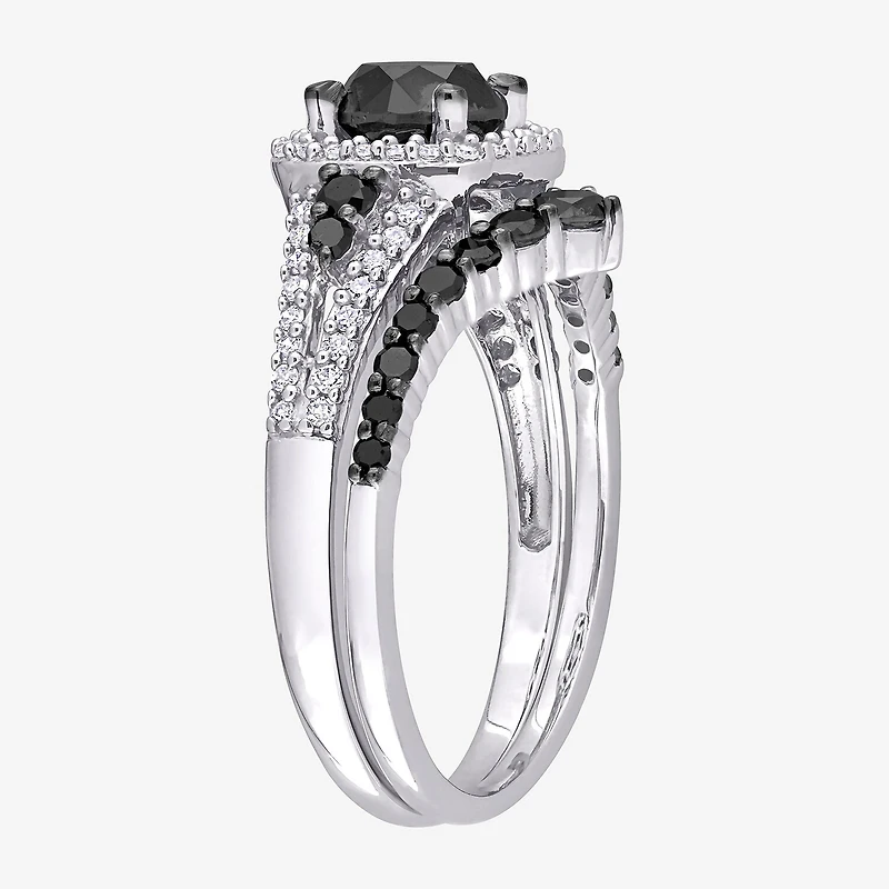 Womens 1 1/2 CT. T.W. Natural Black Diamond 10K Gold Cushion Side Stone Halo Bridal Set