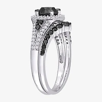 Womens 1 1/2 CT. T.W. Natural Black Diamond 10K Gold Cushion Side Stone Halo Bridal Set