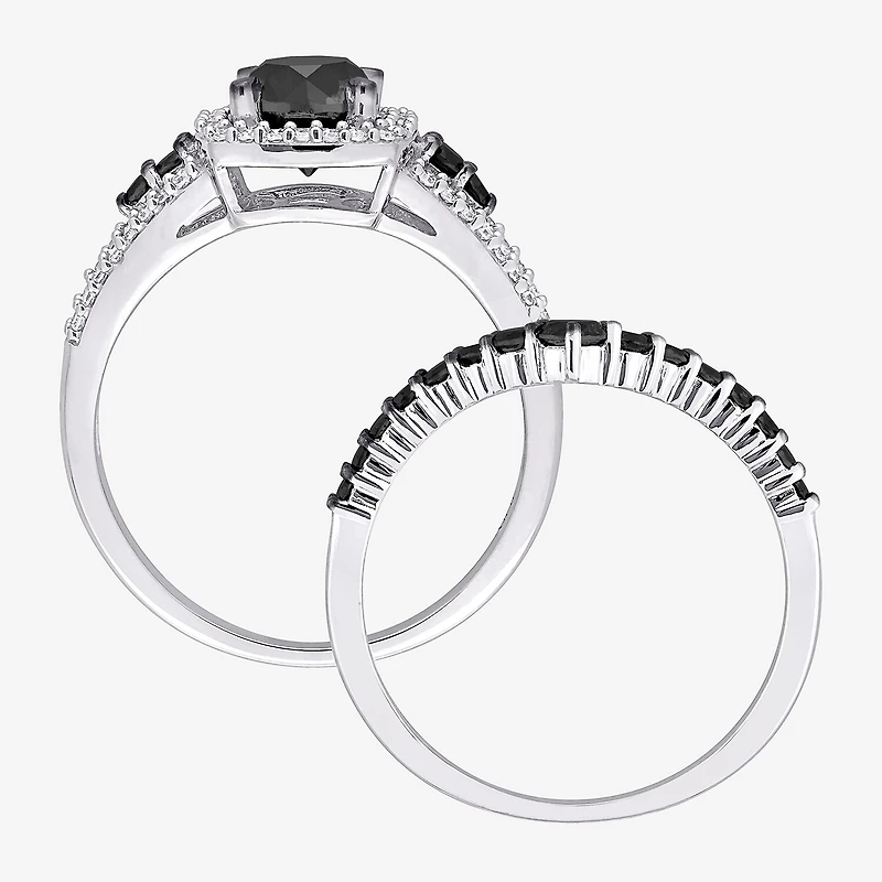 Womens 1 1/2 CT. T.W. Natural Black Diamond 10K Gold Cushion Side Stone Halo Bridal Set